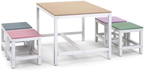 5 Piece Patio Table and Chair Set,Wooden Modern Activity Tables,Indoor Outdoor Picnic Tables Set,Wood Reading Dining Table & Stool,for Patio Backyard Garden (Khaki-Pink-Purple-Blue-Green)