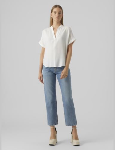 VERO MODA Damen Top Casual Splitneck umgeschlagene Ärmelbündchen Bluse Kurzarm, Farben:Weiß, Größe:M – Ansicht 5