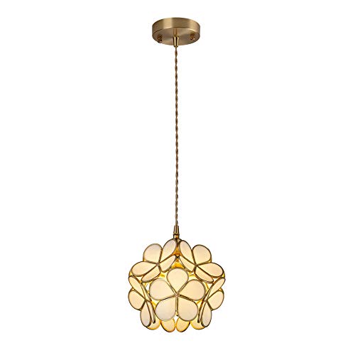 LFsem Nordic Pétale Forme Pendentif Lampe En Verre Soufflé À La Main Et En Laiton Lampe Suspendue Simple Tête E27 Plafonnier Luminaire Restaurant Chambre D'enfants (Blanc) Cover