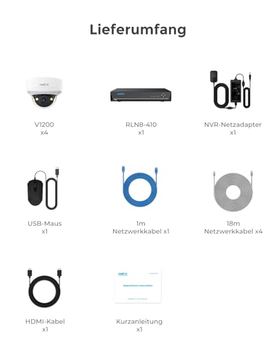 Reolink 12MP PoE Überwachungskamera Set mit 4X IK10 vandalensichere Aussenkameras, 145° Weitwinkel, Farbnachtsicht, Personen-/Fahrzeug-/Tiererkennung, 2-Wege-Audio, 8CH NVR mit 2TB HDD, RLK8-1200V4