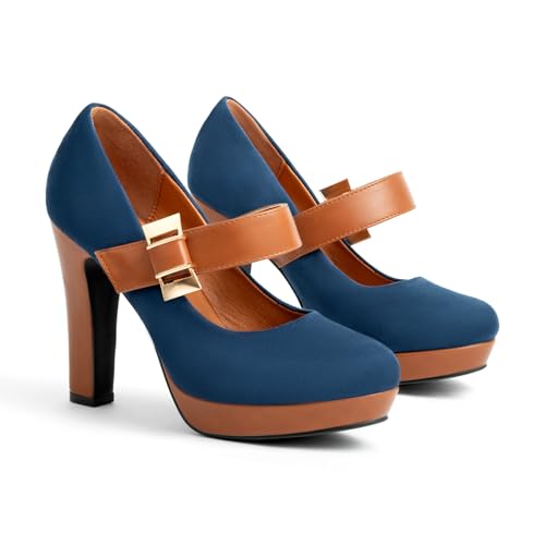 Women's Platform Mary Jane Heels Closed Round Toe Chunky High Heel Pumps Dress Shoes Buckle Strap Business Casual Heeled Pump for Wedding Work Party4