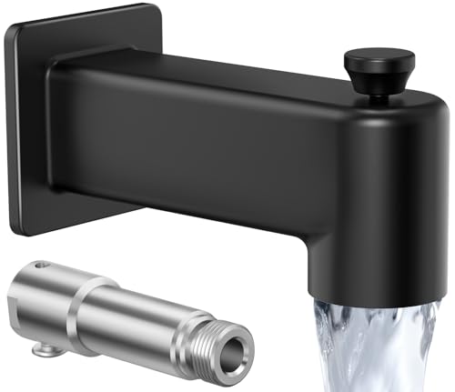 All Metal Tub Spout with Diverter, KES 5-3/8 Inch Bath Tub Faucet Replacement with Stainless Steel Extension Nipple, Black Shower Slip-on Bathtub Faucet for 1/2 Inch Copper Pipe, PTSN300-BK
