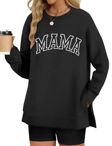 Image of LOMON Long Sleeve Mama Shirts for Women Crewneck Oversized Tshirts Split Side Graphic Tees Fall Pullover Tops
