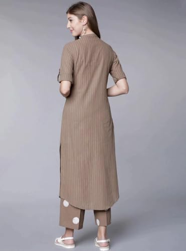 Image of Women's Pure Cotton Solid Kurti With Pant Set (Brown)