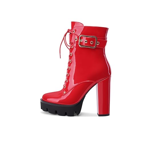 Z.Oufeier Women's Platform High Chunky Heel Combat Goth Ankle Boots Buckles Patent Leather Lace Up Block Heeled Booties2