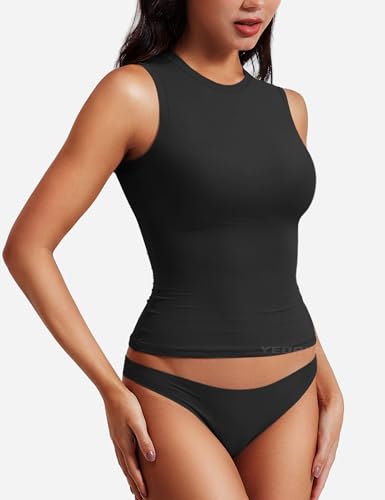YEOREO Women Basic Mock Neck Workout Crop Top Sleeveless Double Lined Tank Tee Slim Fitted Ruched Going Out Camisole4