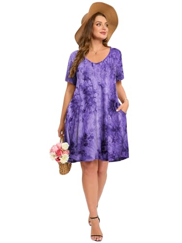 Image of ZENNILO Women's Plus Size Swing Dress with Pockets Casual Summer Dresses V Neck Short Sleeve T Shirt Dress for Women