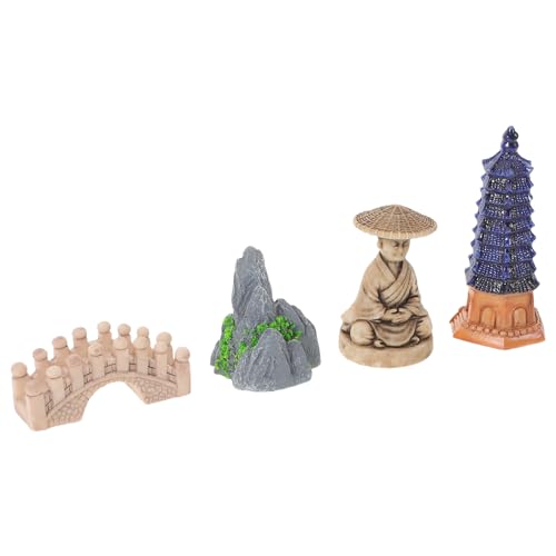 ERINGOGO Estatua de Buda y Pagoda Miniatura de Resina 4 Piezas para Decoración de Jardín, Pecera y Terrario, Adorno Oriental para Hogar, Sala de Estar y Bonsái