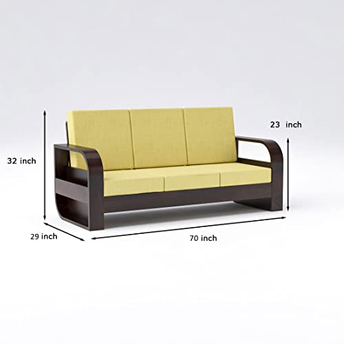 Image of Douceur Furnitures Solid Sheesham Wood 5 Seater Sofa | Five Seater Sofa Set for Living Room, Cafe, Office | (Walnut Cushion Lime Yellow)