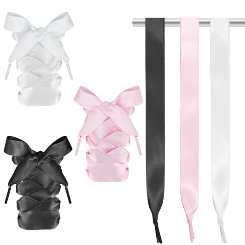 Ciormis 3 Pairs Ribbon Shoe Laces Women- 3/4 Wide Flat Colorful Satin Shoelaces for Sneakers (Black/White/Pink)