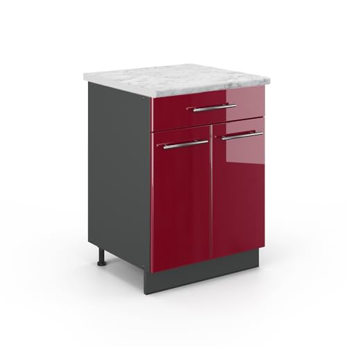 Vicco Meuble Cuisine Fame-Line, Rouge Bordeaux Haute Brillance, 60cm avec tiroir, PT Marbre, à Combiner avec d'autres modules de la série Fame-Line