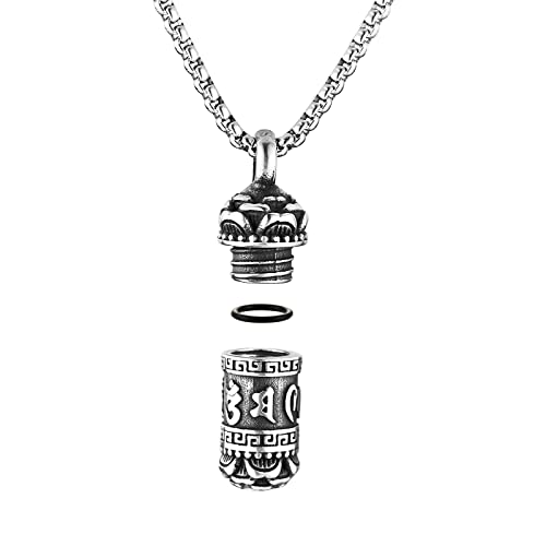 HZMAN Tibetan Buddhism Meditation Stainless Steel Pendant Commemorative Cremation Ashes Pill Cylinder Container Necklace Pendant Jewelry Gift