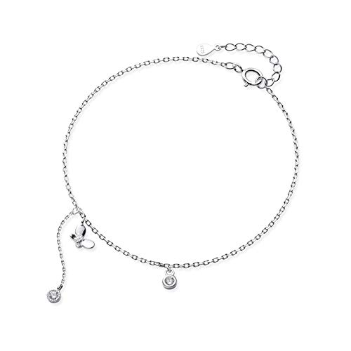 Dangling Diamond Butterfly Anklet S925 Sterling Silver Dainty Crystal CZ Dangle Charm Ankle Bracelets Beach Foot Adjustable Link Chain Jewelry Gifts for Women Girls BFF