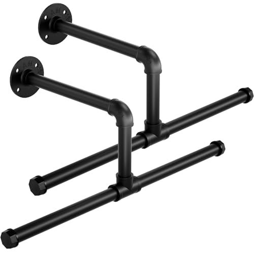 ERYTLLY Industrial Pipe Wall Mounted Clothes Rack,21.2 Inches Heavy Duty Detachable Garment Rack,Multi-purpose Hanging Rod for Closet,Set of 2,Black by ERYTLLY - Used condition - US$17.90