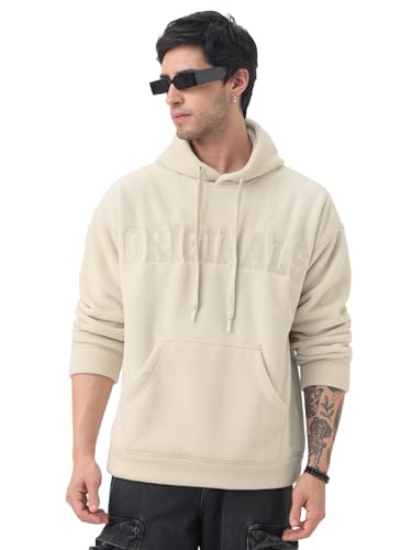 Image of The Souled Store Creme Men and Boys Full Sleeves Hooded Neck Solid Embroidered Polar Fleece Soft Fleece Winter Wear Oversized Pullover Hoodie