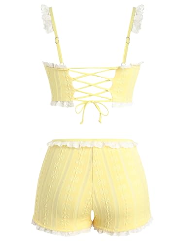 Image of ZAFUL Womens High Waisted Bikini Sets 2 Piece Plaid Ruffle Swimsuits Back Strap Top with High Waisted Shorts Bathing Suit