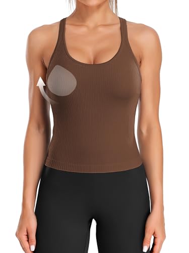 Image of ATTRACO Ribflex Ribbed Workout Crop Tops with Built in Bra for Women Yoga Racerback Tank Top Slim Fit