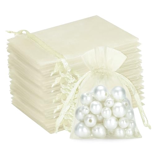 G2PLUS Lot de 50 sachets en organza crème 7 x 9 cm - Petits sachets cadeaux en organza avec cordon de serrage - Pour bonbons, bijoux, sacs cadeaux