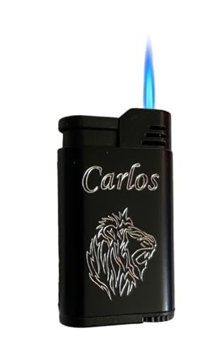 Briquet gaz Turbo Flamme Noir en métal Rechargeable Texte et Dessin personnalisés à Votre Choix (Ici Lion Tribal et Carpe pêcheur) Attention Uniquement Noir