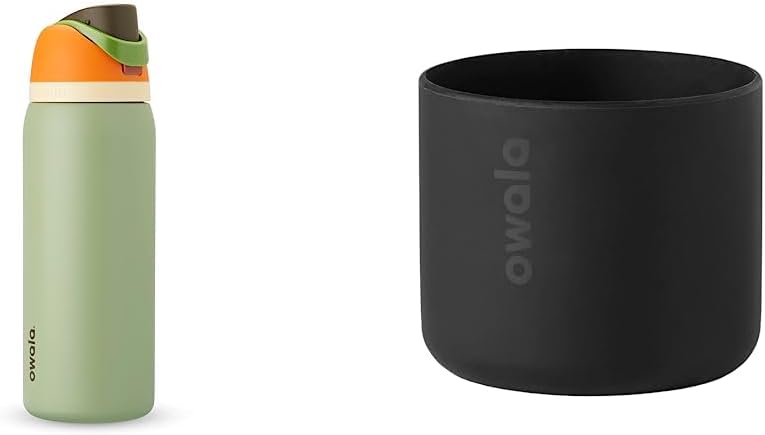 Owala FreeSip Insulated Stainless Steel Water Bottle with Straw for Sports and Travel, BPA-Free, 32-oz, Orange/Green (Camo Cool) and Silicone Bottle Boot, Anti-Slip Protective Sleeve