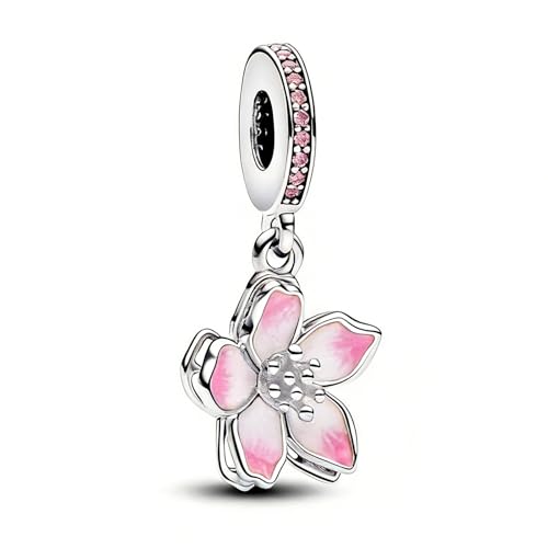 Image of rflaueo Pink Cherry Blossom Flower Charm, 925 Silver Charm Compatible with Pandora Charms,Women's Pure Silver Flower Pendant, Suitable for Bracelets and Necklaces(L32-1)