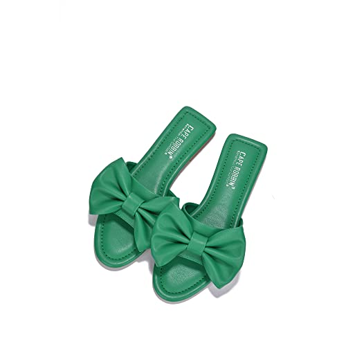 Cape Robbin Dane Flat Sandals Slides For Women, Womens Mules Slip On Shoes With Bow - Green Size 9 #TOP3