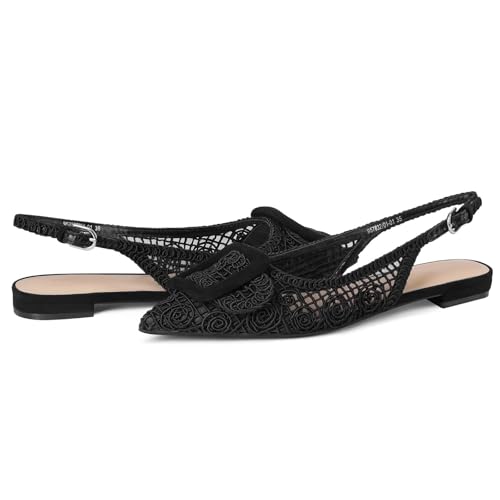 Image of USIMAD Woven Pattern Slingback Mesh Flats for Women Pointed Toe Square Buckle Comfortable Office Dress Shoes