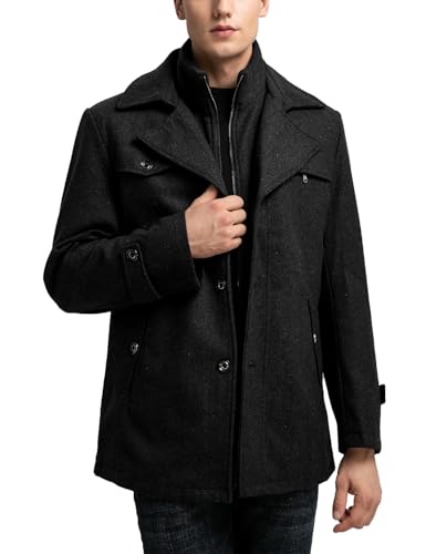 Image of Sukany Men's Casual Wool Blend Trench Coat Warm Layered Collar Single Breasted Pea Coat with Detachable Zip Business Jacket Black S