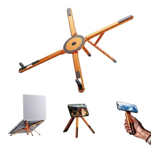 Image of EDNITA Foldable Magnetic Laptop Stand for Desk, Adjustable Portable Aluminum Notebook Holder, Compact Ergonomic Laptop Riser for MacBook, Laptops, Mobile & Tablets with Magnetic Feature-Orange