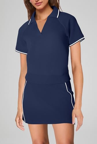 SENSERISE Womens Workout Sets 2 Piece Outfits V Neck Short Sleeve Polo Shirt and Tennis Skort Set with Pockets4