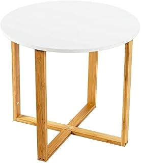 COSTWAY Coffee Table, Round Small Side Table Laptop Desk, Modern Wooden Snack Tea Table Sofa End Table for Living Room, Bedroom and Office (White + Natural, 50 x 50 x 45cm)