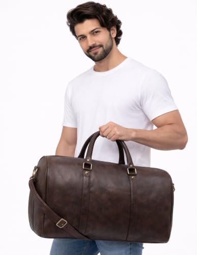 Image of Premium Leather Duffle Bag for Men & Women | Travel & Gym Weekender Bag with Adjustable Shoulder Strap | Stylish Overnight & Cabin Bag - Brown (Brown)