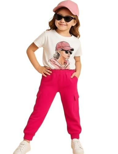 Viel Innate Girls Cartoon Print T-Shirt with Cargo Jogger Pants Set Cute & Comfy 2-Piece Clothing Set Perfect for your Baby Girl (Pink-6-7 Yrs)