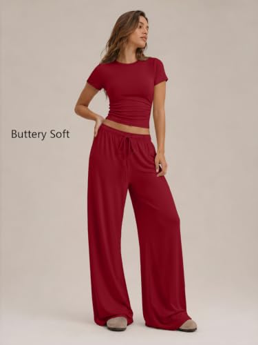 Image of Trendy Queen 2 Piece Matching Summer Lounge Set Womens Side Ruching Top Wide Leg Pants Sets with Pockets