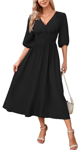 Image of Kormei Women Casual Boho V Neck 3 /4 Sleeve Smocked Waist A Line Flowy Swing Midi Dress Smocked Long Dress