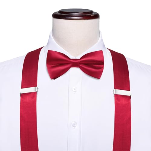 Image of Hi-Tie Men Suspender Bowtie Set Suspenders Pre-tied Bow Tie Pocket Square Cufflinks Adjustable Y Shape 6 Clips Braces Tuxedo