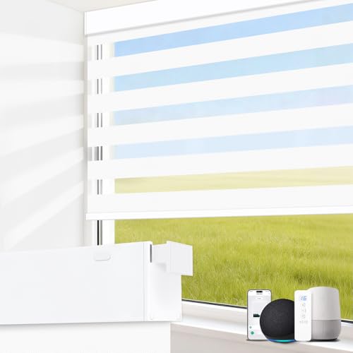 Image of LUXLUV No Drill Motorized Blinds with Remote, 75% Blackout Automatic Smart Zebra Shades Blind,Dual Layer Smart Automatic Zebra Blinds for Indoor Windows,Compatible with Alexa, Google, White, 34 inch x 72 inch