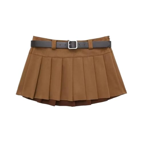 Women's Camel Suede Pleated Skirt with Belt - Low-Rise Retro