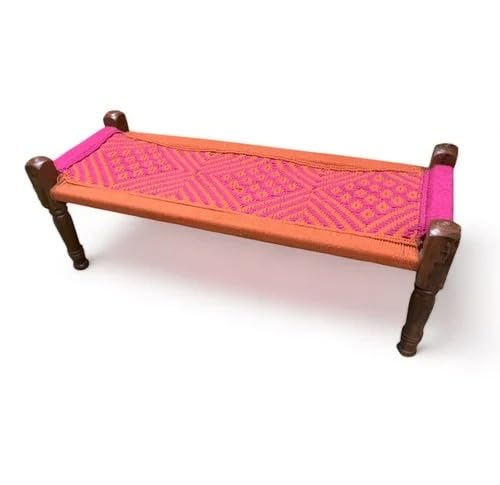 Image of Handwoven Wooden Bench | Traditional Rope Charpai Stool | Solid Wood Frame Seating for Living Room, Balcony & Outdoor | Durable & Stylish Design (Orange & Pick Finish)