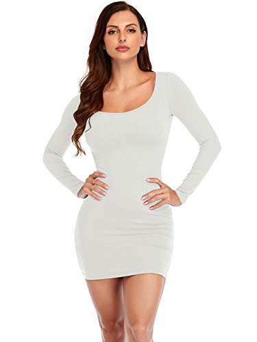 MISFONDLE Women's Sexy Rib Casual Bodycon Long Sleeve Scoop Neck Mini Tight Club Party Night Out Knit Sweater Pencil Dress White