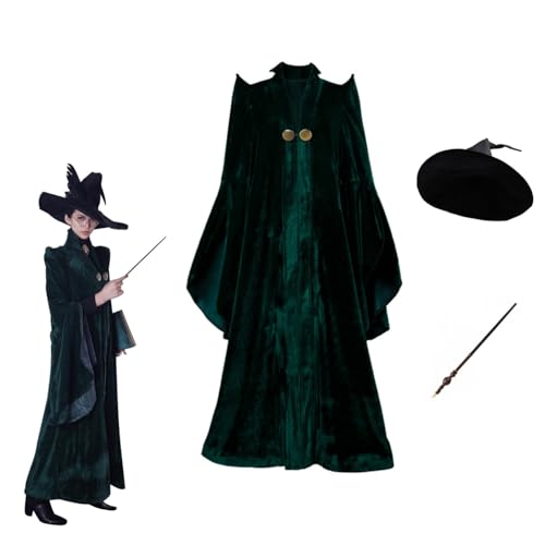 Meicogo Women Professor Witch Cosplay Costume Halloween Wizard Cloak with Hat Wand Robe Coat (Mcgonagall Outfit, Medium)