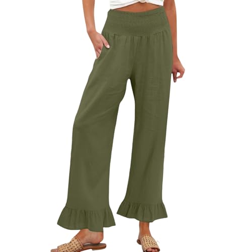 Image of Womens Linen Palazzo Pants Ruffle Hem Drawstring Boho Trousers Beach Travel Vacation Outfits