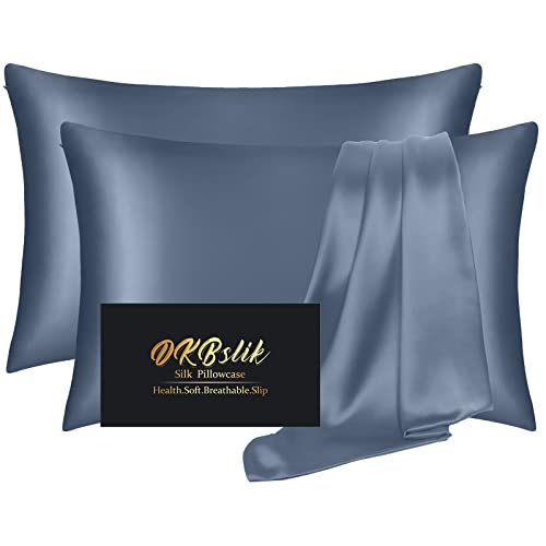 Image of Silk Pillow Cases 2 Pack, Mulberry Silk Pillowcases Standard Set of 2, Soft, Smooth, Anti Acne, Beauty Sleep, Both Sides Natural Silk Satin Pillow Cases for Women 2 Pack with Zipper for Gift, Ash Blue