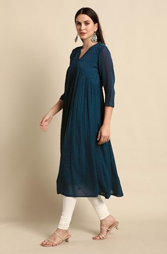 Image of Janasya Women's Dobby Chiffon Self Design Flared Kurta