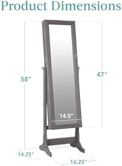 Best Choice Products Freestanding Jewelry Armoire Cabinet, Full Length Standing Mirror, Lockable Makeup Storage Organizer, w/Velvet Interior, 3 Tilt Angles, Accessory Pouch, 5 Shelves - Gray Oak