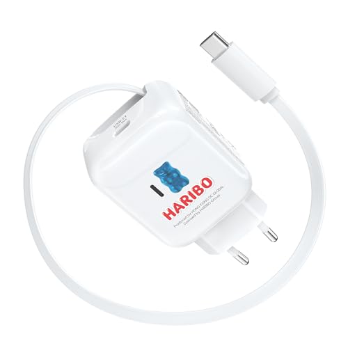 HARIBO 30W USB C Ladegerät mit Einziehbarem Ladekabel Dual USB-C Schnellladegerät mit Kabel GaN Netzteil Charger für iPhone 17 16 Pro Max für iPad Pro Galaxy S25 S24 Pixel Reisen Geschenk Blau