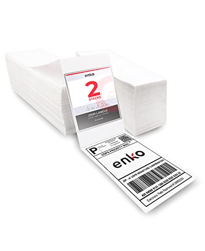 enKo 2 Stacks/2000 Labels 4"x6" Fanfold Direct Thermal Labels Compatible for Rollo Zebra Printer - Shipping Mailing Postage Labels, Perforated, Permanent Adhesive (2 Labels/Fold | 1000 Labels/Stack)