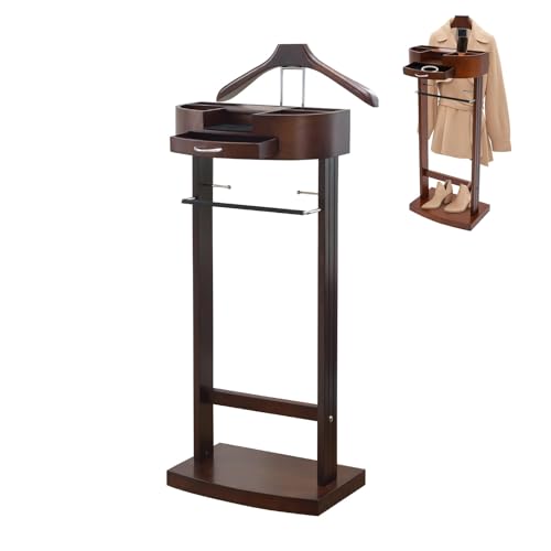 Soporte de madera con cajón, valet independiente con percha, barra para pantalones, barras de corbata, espejo y bandeja para entrada, oficina, sala de estar, dormitorio