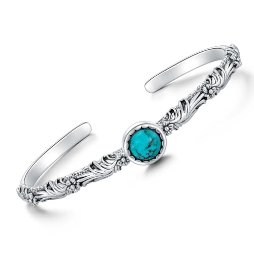 Genuine Vintage Flower Turquoise Bracelet, Sterling Silver Boho Adjustable Dainty Bangle Cuff Native American Jewelry, Fit for 6 6.5 7 7.5