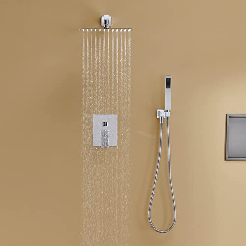 Image of Rain Shower System 12 Inches Shower Combo Set Chrome Wall Mount Faucet Bathroom Faucets with Rainfall Shower Head and Hand Shower